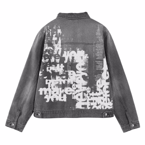 "Digital Amnesia" Cryptic Numbers & Typography Distressed Grey Denim Jacket by JR JEANIUS WEAR