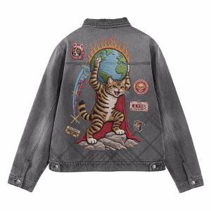 "Party Apocalypse" Atlas Cat & Crying at the Party Patchwork Grey Denim Jacket by JR JEANIUS WEAR