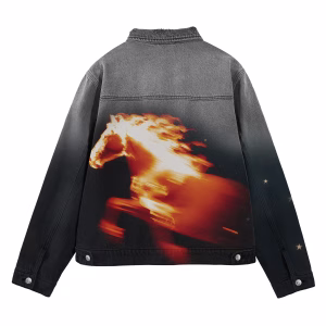 "Inferno Steed" Ombre Gradient & Burning Horse Motion Art Denim Jacket by JR JEANIUS WEAR