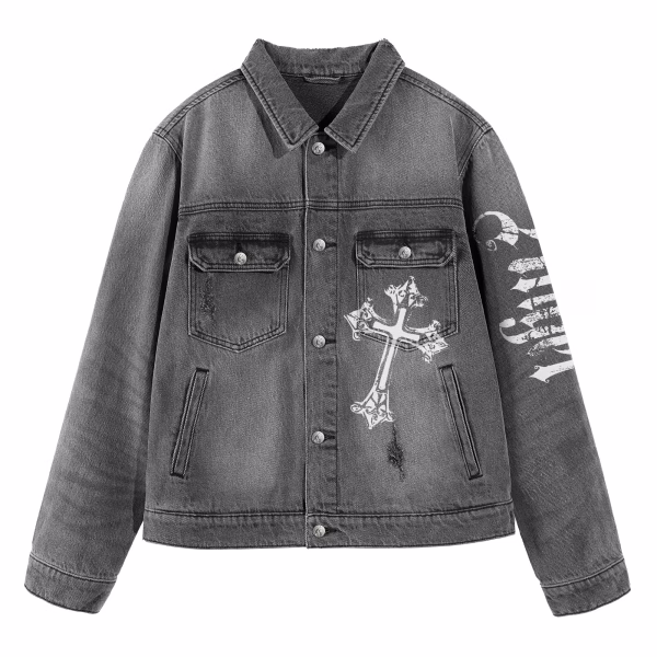 "Dark Angel" Wings & Gothic Cross Distressed Grey Denim Jacket jackets product photo