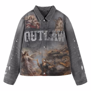 "Divine Outlaw" Renaissance War, Tiger & Tank Full Print Grey Denim Jacket by JR JEANIUS WEAR