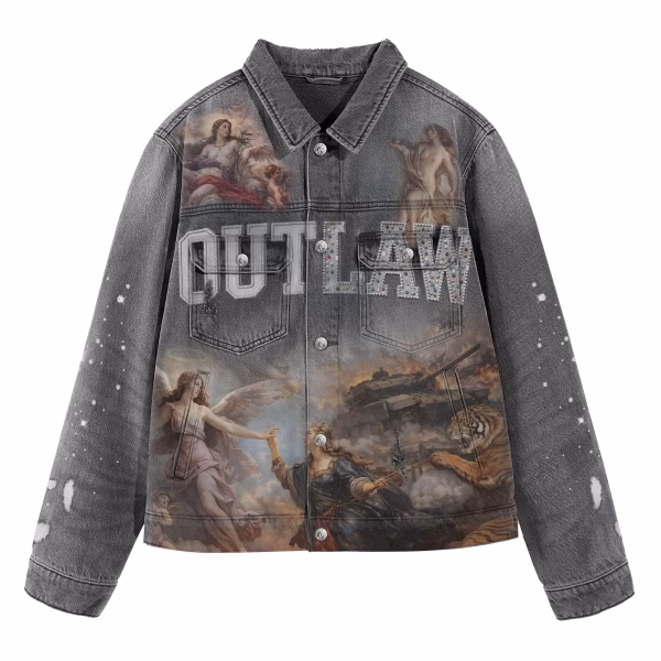 "Divine Outlaw" Renaissance War, Tiger & Tank Full Print Grey Denim Jacket by JR JEANIUS WEAR