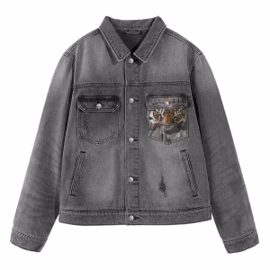 "Inner Conflict" Tiger Eyes & Stone Statue Hybrid Pocket Grey Denim Jacket by JR JEANIUS WEAR