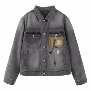 "High Roller" Plaid Pocket & Lucky Charms Trompe-l'œil Grey Denim Jacket by JR JEANIUS WEAR