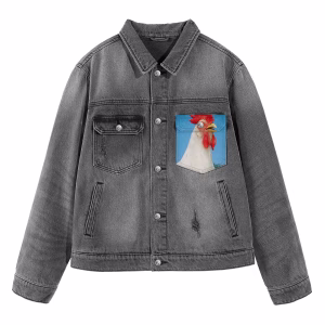 "Morning Call" Photorealistic Rooster Pocket Grey Denim Jacket by JR JEANIUS WEAR