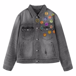 "Retro Pop" Vintage Soda Bottle Cap Collection Grey Denim Jacket by JR JEANIUS WEAR