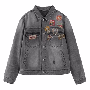 "Retro Memories" Sticker Bomb Patchwork & Space Dog Grey Denim Jacket by JR JEANIUS WEAR