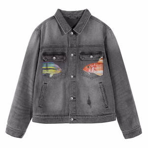 "Aquarium Life" Tropical Fish Duo Pocket Grey Denim Jacket by JR JEANIUS WEAR