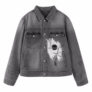 “Celestial Void” Geometric Angel & Star Chart Distressed Grey Denim Jacket
