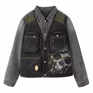 "Tactical Phantom" Utility Vest Illusion & Skull Overlay Grey Denim Jacket by JR JEANIUS WEAR