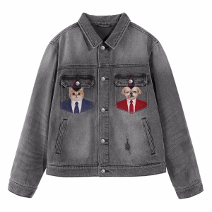 "Corporate Punk" Mohawk Cat & Dog in Suits Pocket Grey Denim Jacket by JR JEANIUS WEAR