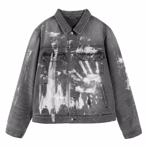 “Crimson Handprint” Industrial Grunge & Abstract Paint Distressed Grey Denim Jacket
