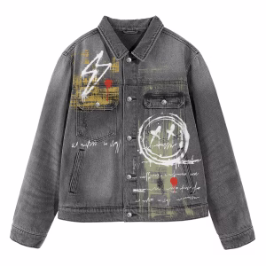 “Think Positive” Graffiti Smiley & Lightning Distressed Grey Denim Jacket