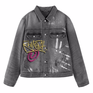 “Now or Never” Pink Skull & Riot Graffiti Distressed Grey Denim Jacket