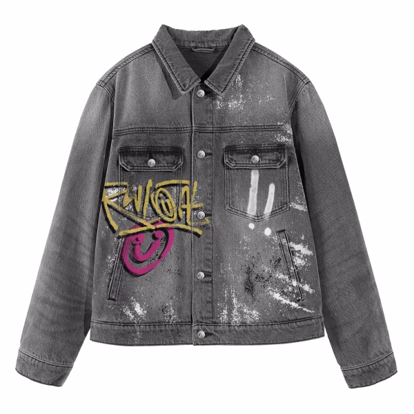 "Now or Never" Pink Skull & Riot Graffiti Distressed Grey Denim Jacket collection product photo