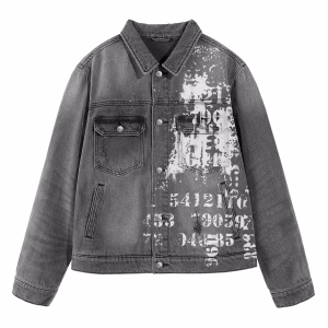 “Digital Amnesia” Cryptic Numbers & Typography Distressed Grey Denim Jacket