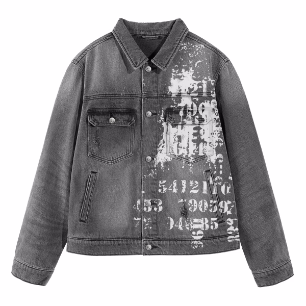 "Digital Amnesia" Cryptic Numbers & Typography Distressed Grey Denim Jacket abstract art product photo