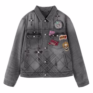 “Party Apocalypse” Atlas Cat & Crying at the Party Patchwork Grey Denim Jacket
