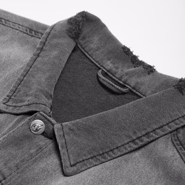 "Young and Reckless" Graffiti Text & Distressed Grey Denim Jacket jackets product photo