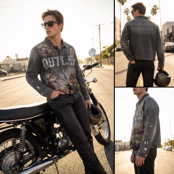 "Divine Outlaw" Renaissance War, Tiger & Tank Full Print Grey Denim Jacket jackets product photo