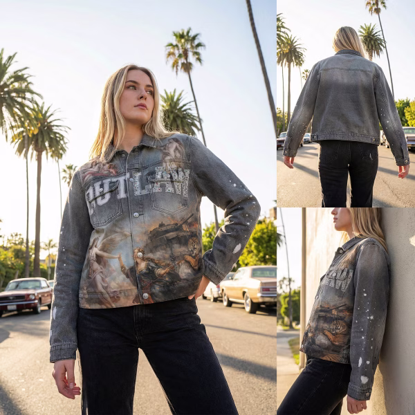 "Divine Outlaw" Renaissance War, Tiger & Tank Full Print Grey Denim Jacket jackets product photo