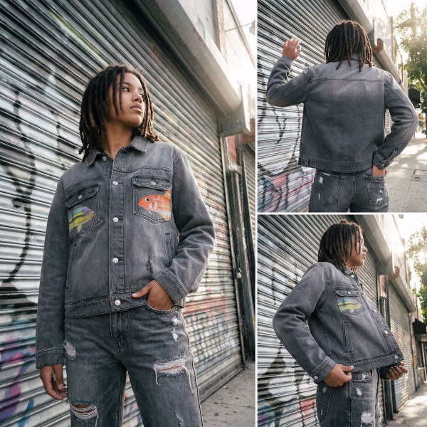 "Aquarium Life" Tropical Fish Duo Pocket Grey Denim Jacket jackets product photo