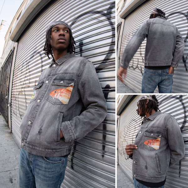 "Aquarium Life" Tropical Fish Duo Pocket Grey Denim Jacket jackets product photo