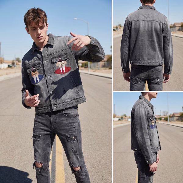 "Corporate Punk" Mohawk Cat & Dog in Suits Pocket Grey Denim Jacket jackets product photo