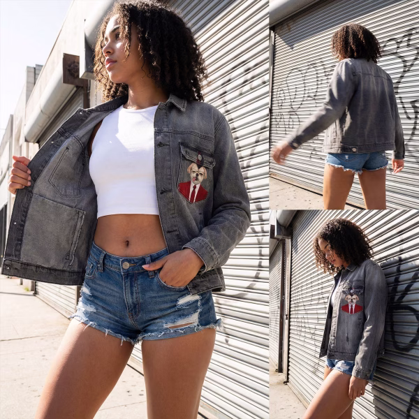"Corporate Punk" Mohawk Cat & Dog in Suits Pocket Grey Denim Jacket jackets product photo