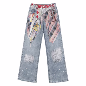 Grunge Plaid Shirt Waist Wrap Printed Denim Jeans by JR JEANIUS WEAR