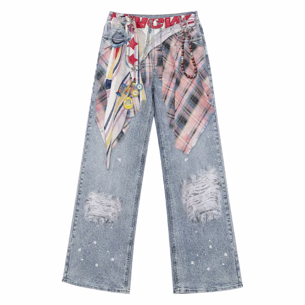 Grunge Plaid Shirt Waist Wrap Printed Denim Jeans by JR JEANIUS WEAR
