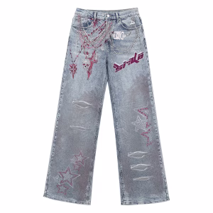 Rhinestone Chain Skull Star Printed Denim Jeans by JR JEANIUS WEAR