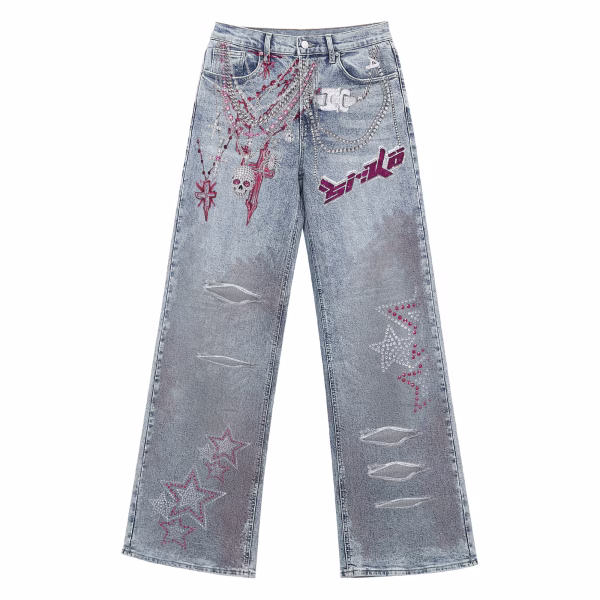 Rhinestone Chain Skull Star Printed Denim Jeans by JR JEANIUS WEAR