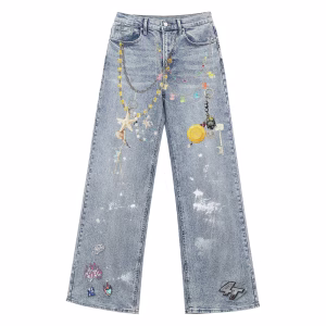 Starfish Charm Necklace & Jeanius Logo Printed Denim Jeans by JR JEANIUS WEAR
