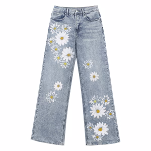 Fresh White Daisy Floral Hand-Painted Style Denim Jeans by JR JEANIUS WEAR