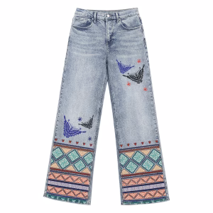 Bohemian Tribal Butterfly Geometric Hem Printed Denim Jeans by JR JEANIUS WEAR