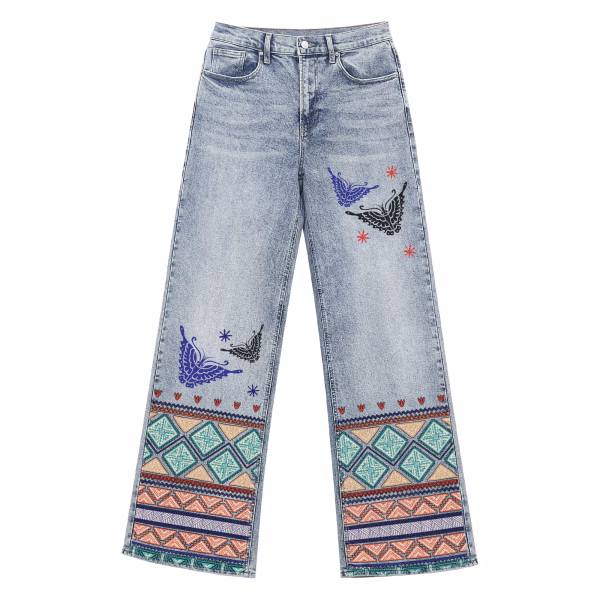 Bohemian Tribal Butterfly Geometric Hem Printed Denim Jeans by JR JEANIUS WEAR