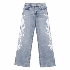 White Tribal Flame Side Seam Printed Denim Jeans by JR JEANIUS WEAR
