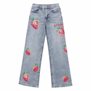 Sweet Strawberry Watercolor Graffiti Printed Denim Jeans by JR JEANIUS WEAR