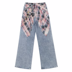 Grunge Plaid Shirt Waist Wrap Printed Denim Jeans