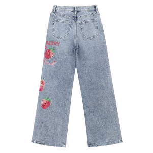 Sweet Strawberry Watercolor Graffiti Printed Denim Jeans