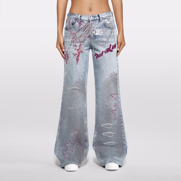 Rhinestone Chain Skull Star Printed Denim Jeans collection product photo