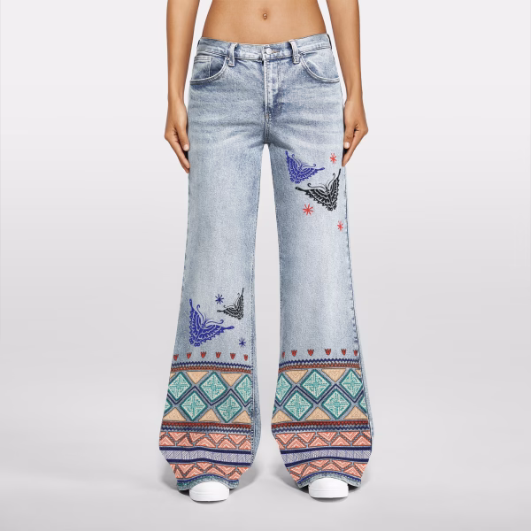 Bohemian Tribal Butterfly Geometric Hem Printed Denim Jeans collection product photo
