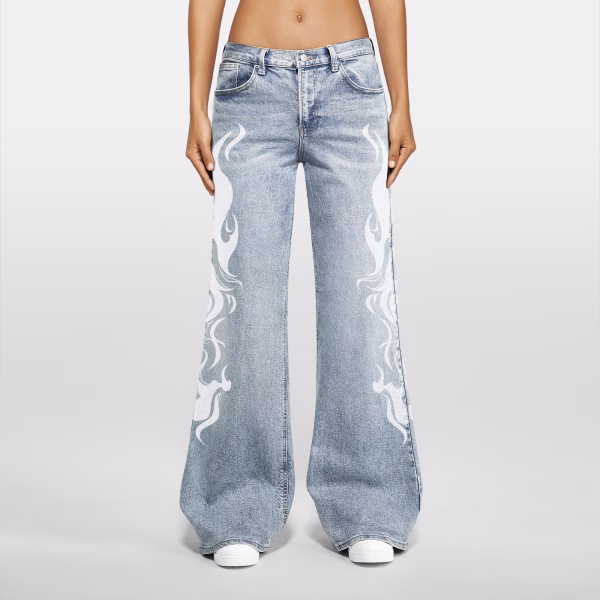 White Tribal Flame Side Seam Printed Denim Jeans collection product photo