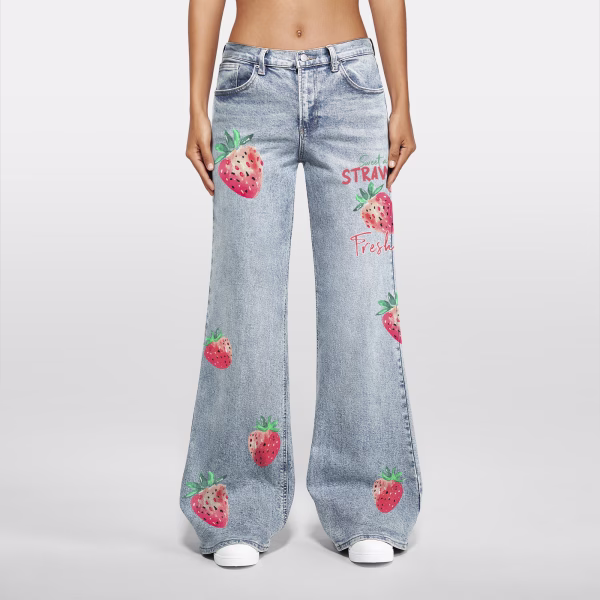 Sweet Strawberry Watercolor Graffiti Printed Denim Jeans collection product photo