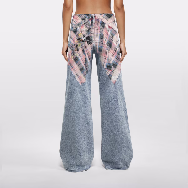 Grunge Plaid Shirt Waist Wrap Printed Denim Jeans collection product photo