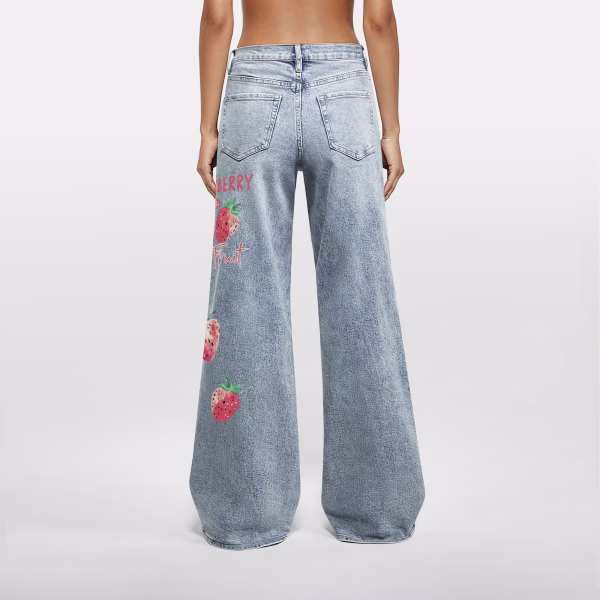 Sweet Strawberry Watercolor Graffiti Printed Denim Jeans collection product photo