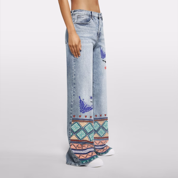 Bohemian Tribal Butterfly Geometric Hem Printed Denim Jeans collection product photo