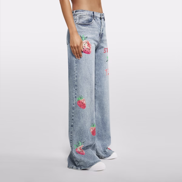 Sweet Strawberry Watercolor Graffiti Printed Denim Jeans collection product photo
