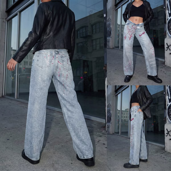 Rhinestone Chain Skull Star Printed Denim Jeans collection product photo